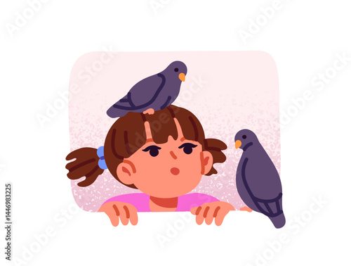 Curious kid hides behind wall, peeps. Wondering child with cute birds looking out from window. Shocked girl with pigeons peeking out, staring. Flat isolated vector illustration on white background