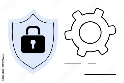 Locked shield alongside gear icon symbolizing cybersecurity, system protection, and technology development. Ideal for privacy, safety, digital security, technology, processes, workflow optimization