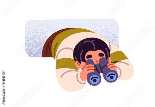 Curious boy spying, observes, watching through binoculars. Happy kid with curiosity peeps, looking out from behind wall. Child peeking out window. Flat isolated vector illustration on white background