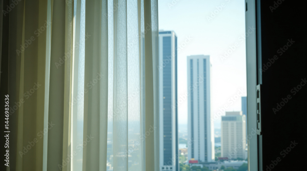 sheer curtains and urban cityscape view from a window sheer curtains and urban cityscape view from a window