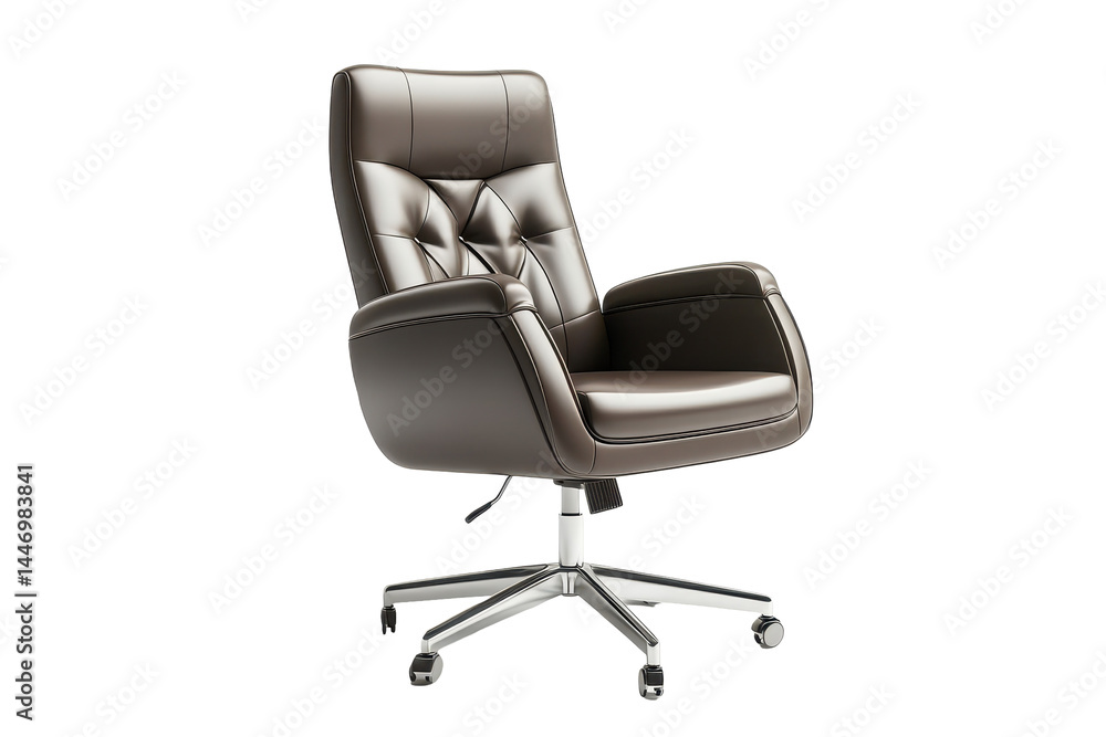 Naklejka premium 3D rendering of a stylish brown leather office chair, highlighting its design elements and ergonomic features. The chair is shown in a side view with a clean background.