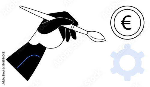 Hand holding paintbrush symbolizing creativity next to euro coin for finance and gear for technology, innovation, collaboration, strategy, design thinking, and business solutions. Ideal for economy