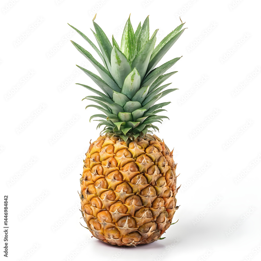 A whole fresh pineapple, with a green, spiky crown and a textured golden-brown skin, showcasing its tropical appearance and vibrant color. A whole fresh pineapple, with a green, spiky crown and a textured golden-brown skin, showcasing its tropical appearance and vibrant color.