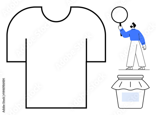 T-shirt outline alongside jar with lid and person holding a round object in minimalist style. Ideal for branding, simplicity, clean design, creativity, concepts, design templates, simple landing page