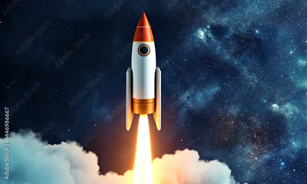 Rocket ascends, fiery blast. Space scene with stars and clouds Rocket ascends, fiery blast. Space scene with stars and clouds