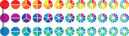 Colorful Pie chart set. Circle section graph. 1,2,3,4,5,6 segment infographic. Pie chart divided 1,2,3,4,5,6,7,8,9,10,11,12 equal parts. Ring percentage diagram collection. Pie chart set.