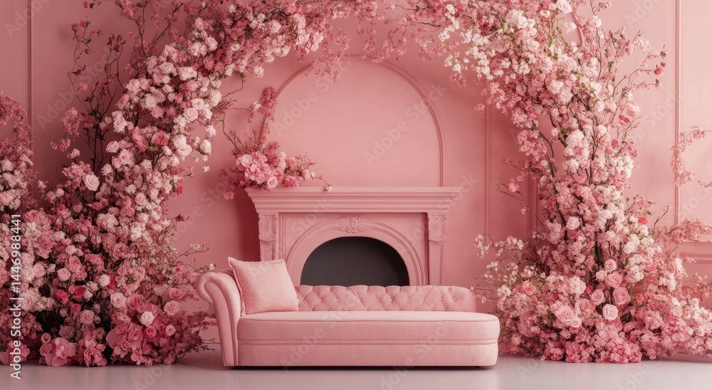 Fototapeta premium A romantic, pink floral arrangement adorns a stylish, tufted chaise lounge.