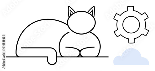 Minimalist outline of a cat lying down beside a gear and cloud. Ideal for creativity, innovation, teamwork, technology, relaxation, planning, and a simple landing page
