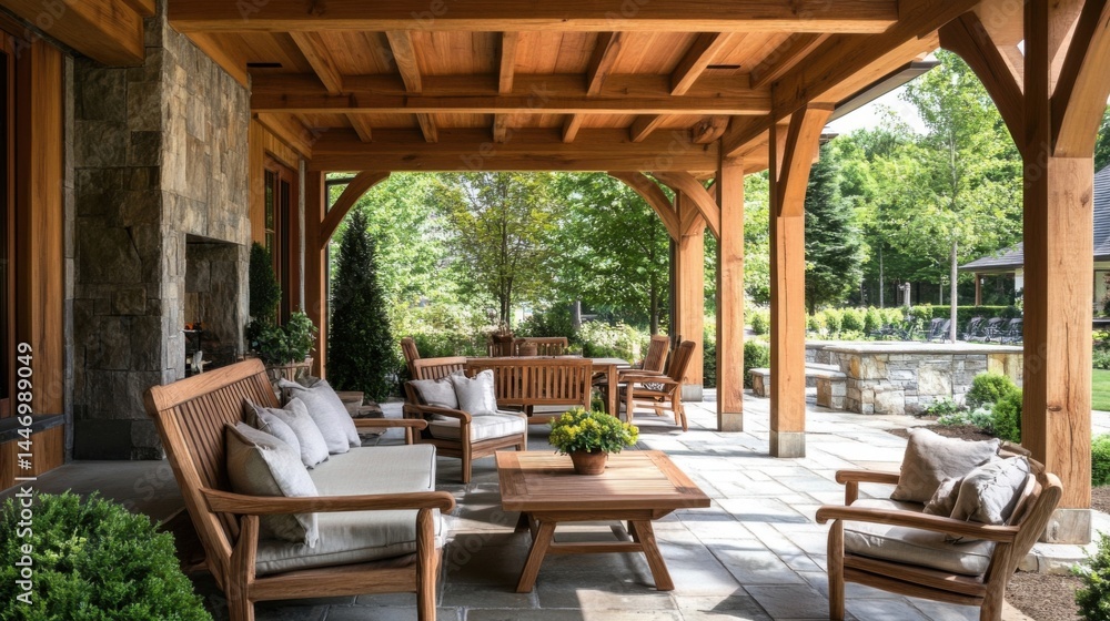Fototapeta premium Outdoor living space with wooden furniture and natural surroundings