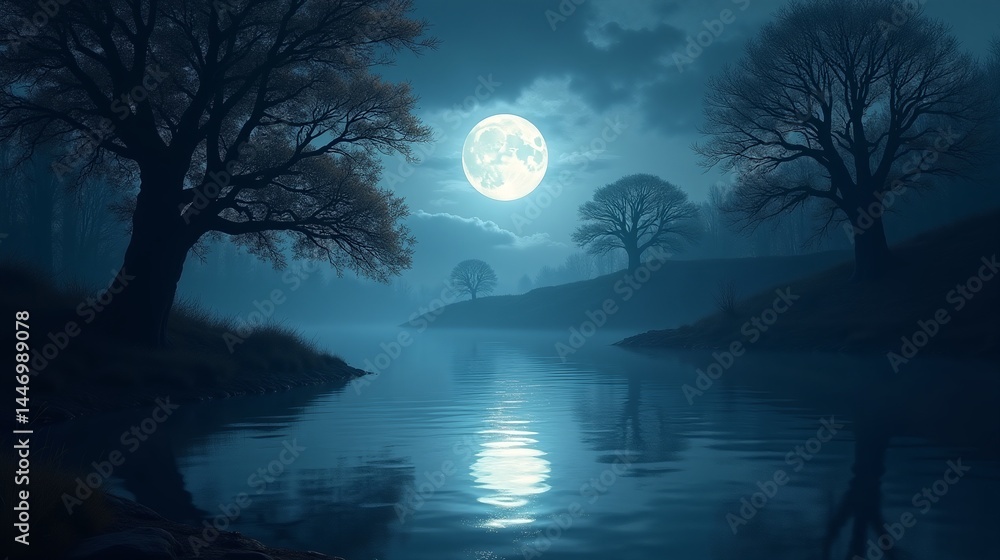 Fototapeta premium Shadow Dance: A Lake's Tranquil Reflection Under the Moon