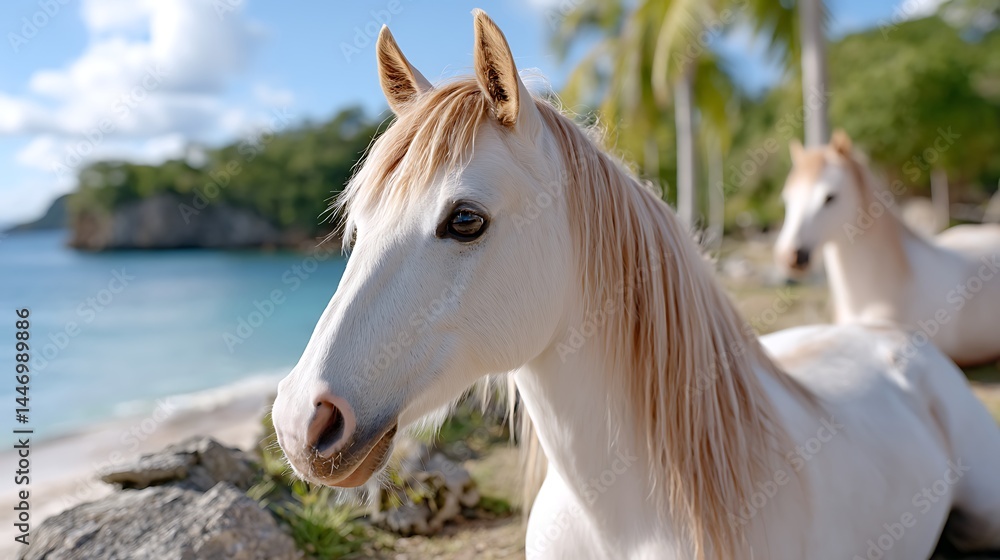 Obraz premium Majestic White Horses Relaxing on Tropical Beach Sunny Day