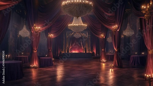 Opulent ballroom interior with draped curtains and glittering chandeliers ambience scene