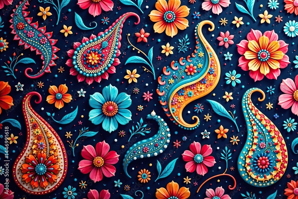 Intricate paisley floral pattern in vibrant hues, light, dark, seamless Intricate paisley floral pattern in vibrant hues, light, dark, seamless