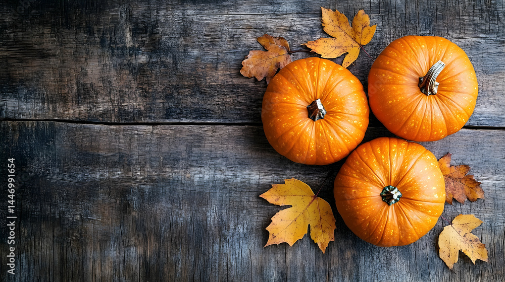 Rustic Autumn Still Life: Three Pumpkins and Maple Leaves on Wea Rustic Autumn Still Life: Three Pumpkins and Maple Leaves on Wea