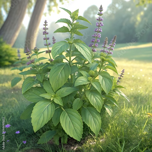 Chia Plant (Salvia Hispanica) with Long Green Leaves, Healthy Organic Superfood, Nutritional Herb, Garden Plant, Growing in Natural Environment, Green Leaves with Purple Flowers, Chia Seeds, Fresh Her
