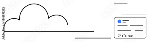 Abstract cloud connected to a digital media interface with thumbs ups and interactions. Ideal for technology, social networks, cloud computing, digital communication, content sharing, online