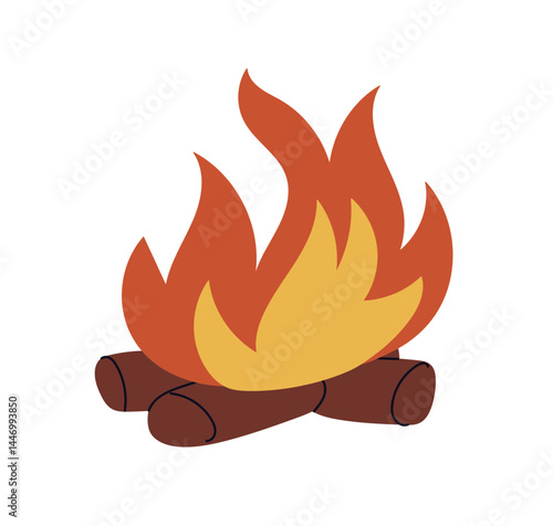 Fire with glowing flame and burning wood. Campfire, hot fiery tongues, outdoor blaze. Touristic fireplace, bonfire on wooden logs, firewood. Flat vector illustration isolated on white background