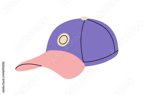 Baseball cap with visor, modern unisex hat, headwear for casual and sports style. Sun protection accessory, fashion head wear, clothes. Flat graphic vector illustration isolated on white background