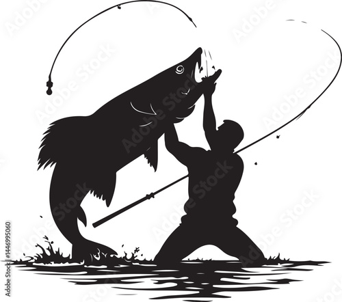 Silhouettes of Men and Dogs Fishing
