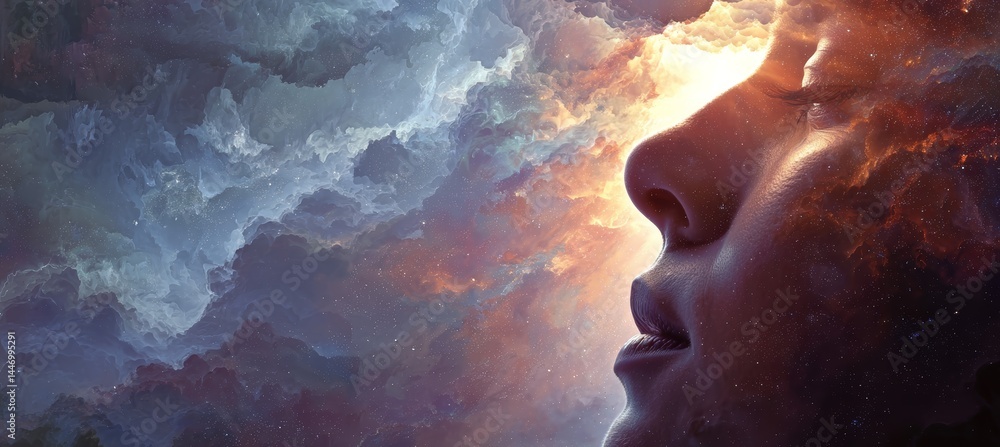 Woman reach soul energy consciousness. Religion spiritual wisdom. Generative AI technology.