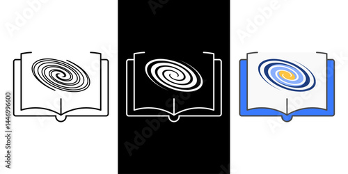 Galaxy and book icon symbolizing cosmic stories, space exploration novels, and science fiction adventures set in the universe.