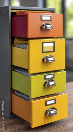 Filing cabinet, organized folders, efficient filing system - data office archiving metal