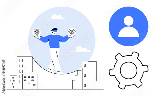 Businessman balancing lightbulb and handshake icons on tightrope over city skyline. Large gear, user profile icon convey teamwork, strategy, and technology. Ideal for creativity, leadership, risk
