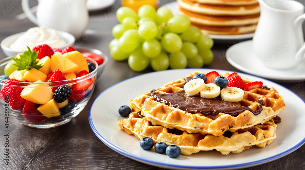 plate of golden waffles topped with chocolate and fresh fruit for a delightful breakfast plate of golden waffles topped with chocolate and fresh fruit for a delightful breakfast