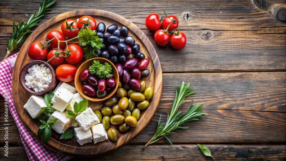A selection of olives, feta cheese, and fresh vegetables arranged on a rustic wooden board, vegetable A selection of olives, feta cheese, and fresh vegetables arranged on a rustic wooden board, vegetable