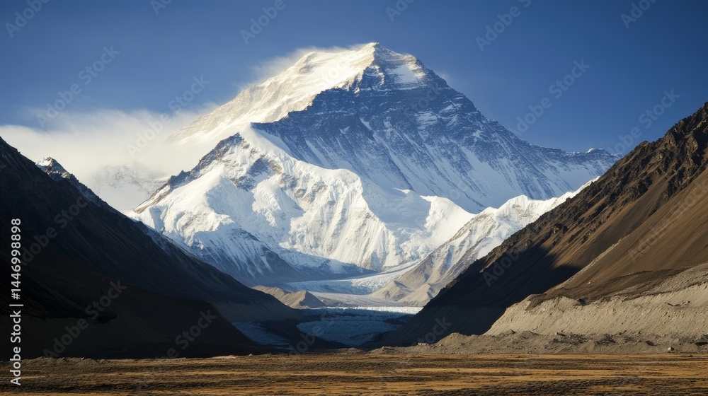 Fototapeta premium A panoramic shot of Mount Everest at sunrise, golden light reflecting off the snow-covered peak, with deep shadows in the valleys below,