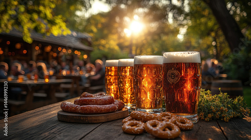 Outdoor beer garden with food and drinks