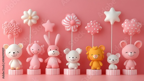 Pink pastel cartoon animal toys assortment