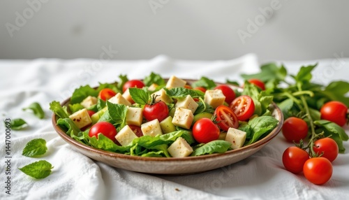 Tempting Greek salad in the breezy corner on a white linen background, in a clean food photography style, with fresh air radiance, spacious layout, high resolution