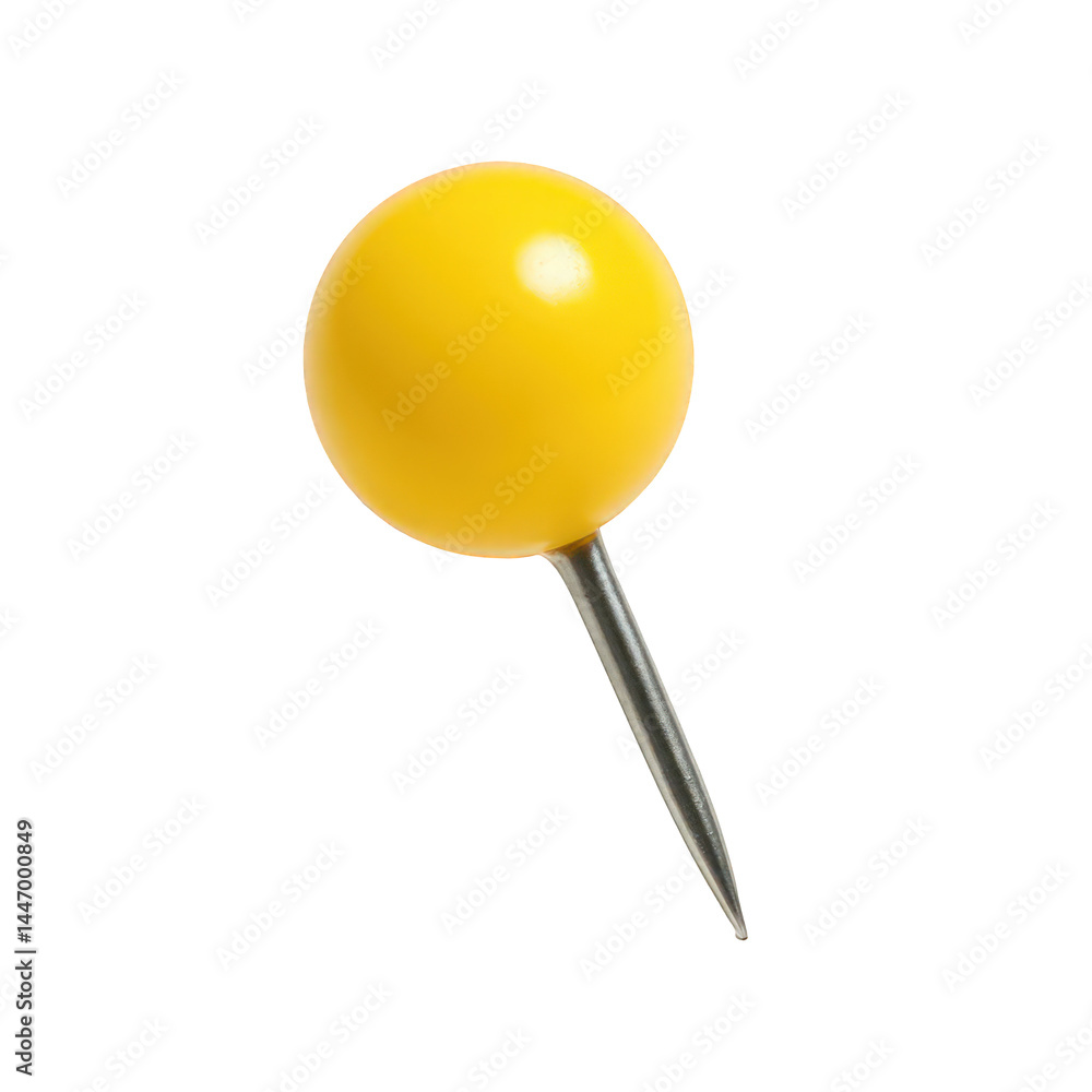 A bright yellow pushpin, a vital office tool, features a shiny spherical head and a sharp silver pin. A bright yellow pushpin, a vital office tool, features a shiny spherical head and a sharp silver pin.