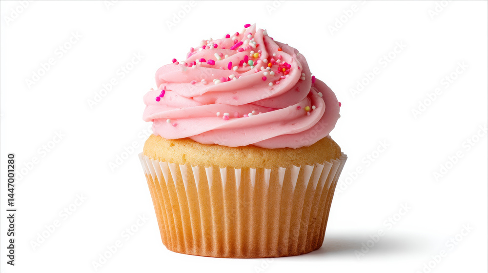 A vanilla cupcake topped with vibrant pink frosting, decorated with multicolored sprinkles, presented cleanly on a plain white background. Perfect for bakery, celebrations, or dessert themes. A vanilla cupcake topped with vibrant pink frosting, decorated with multicolored sprinkles, presented cleanly on a plain white background. Perfect for bakery, celebrations, or dessert themes.