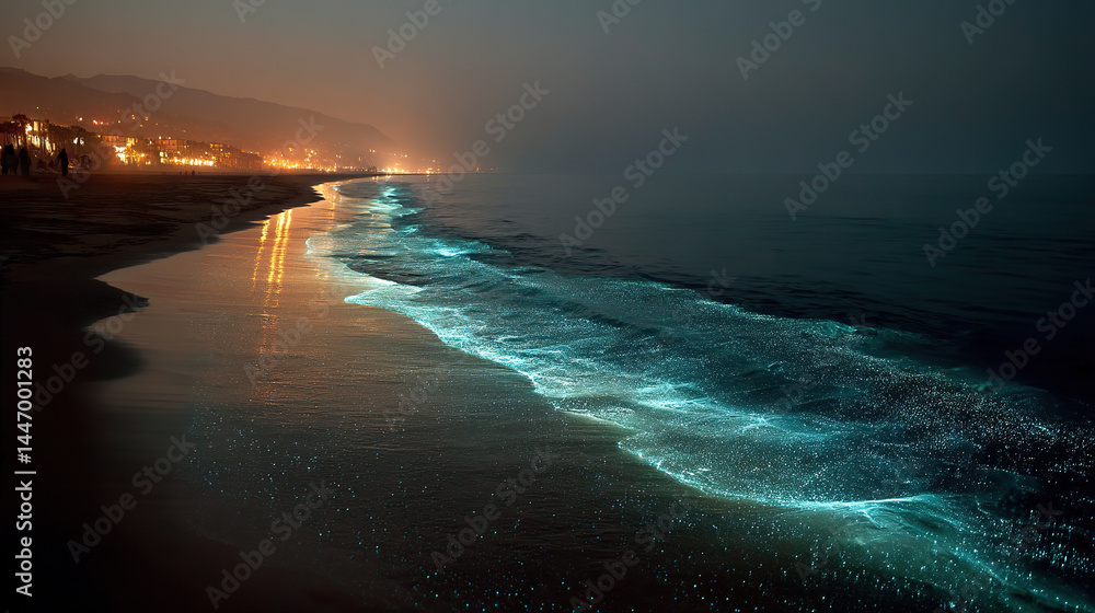 Fototapeta premium Bioluminescent waves glow electric blue under night sky, a mystical marine wonder