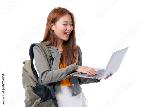 A cheerful young student with long brown hair and a backpack, happily using a laptop isolated on a transparent background , possibly for online learning or social networking