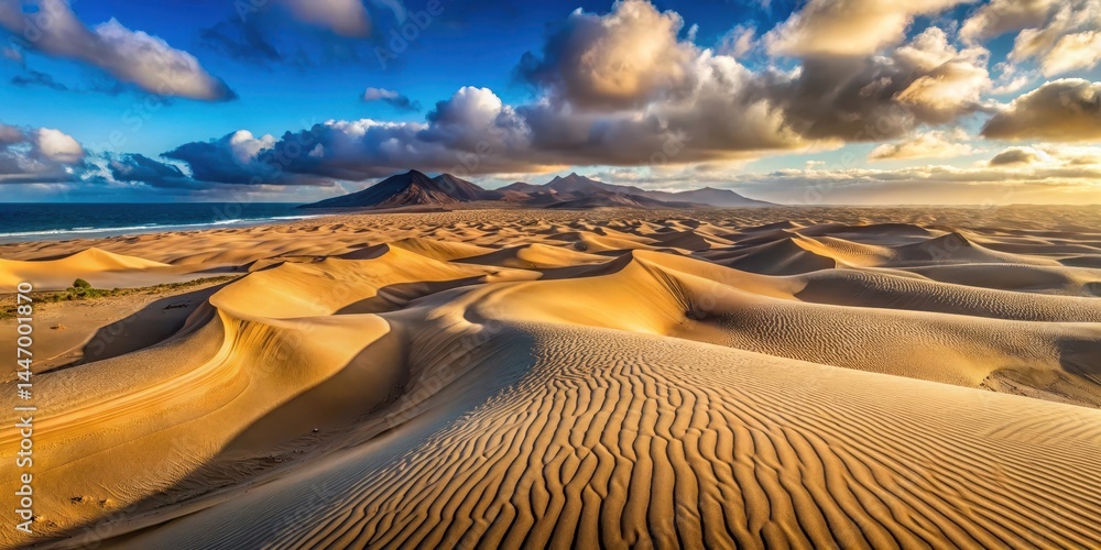 Naklejka premium Panoramic aerial view of majestic sand dunes with unique landscape formations and intricate patterns created by wind and time in Corralejo National Park Spain , unique formations, aerial view
