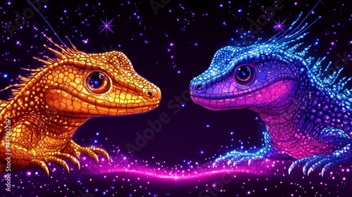 Wallpaper Mural Enchanting Neon Lizards Gaze into a Starlit Galaxy Mystical Reptiles in a Cosmic Dance of Light Vibrant Colors and Dreamlike Atmosphere Creates a Magical Scene Torontodigital.ca