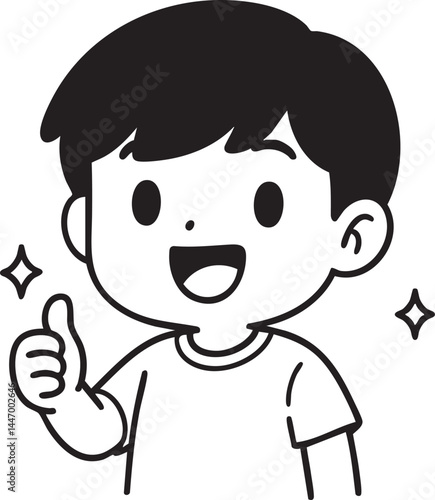 Happy Chibi Boy Giving Thumbs Up – Black and White Line Art
