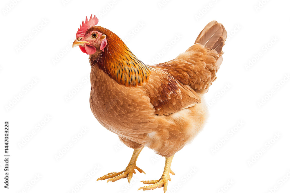 Fototapeta premium Hen with brown feathers, red comb, and yellow beak standing on a black background