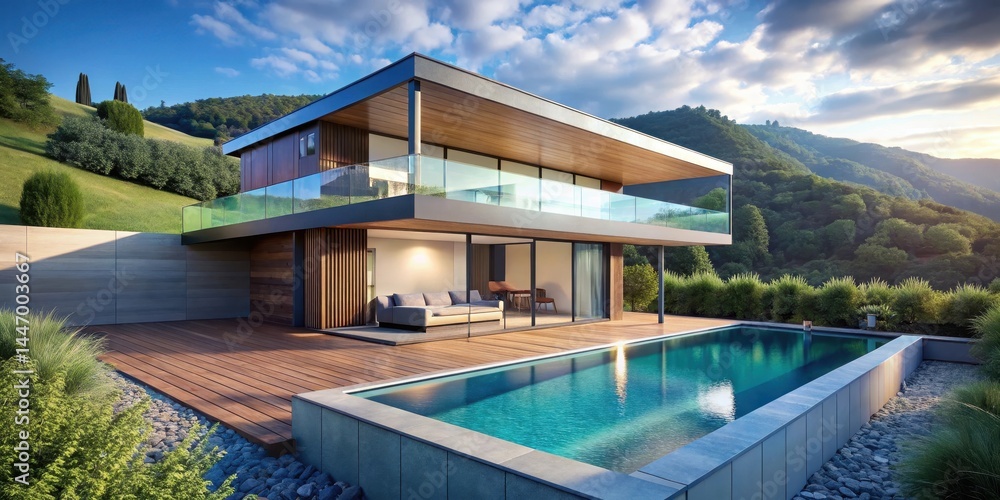 Fototapeta premium A sleek modern cube-shaped villa nestled among hills with a sparkling blue pool reflecting the sky and a minimalist wooden balcony overlooking lush greenery, cube house, natural stone