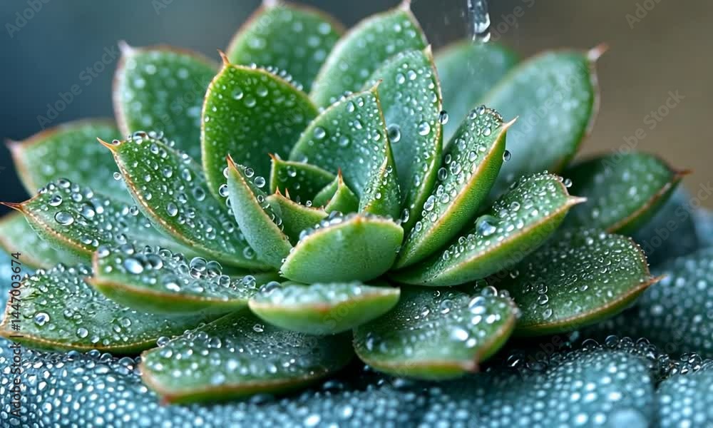 Close-up of a succulent plant covered in water droplets, showcasing its vibrant green leaves and natural beauty Close-up of a succulent plant covered in water droplets, showcasing its vibrant green leaves and natural beauty