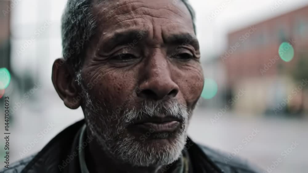 Elderly man's reflective moment in a bustling urban area during a rainy day Elderly man's reflective moment in a bustling urban area during a rainy day