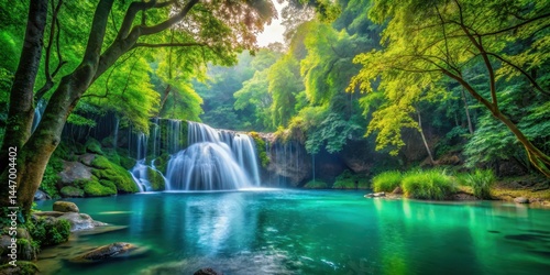 Emerald waters flowing gently through a verdant forest canopy, creating a soothing melody amidst the rustling leaves and vibrant foliage , waterfall, peaceful
