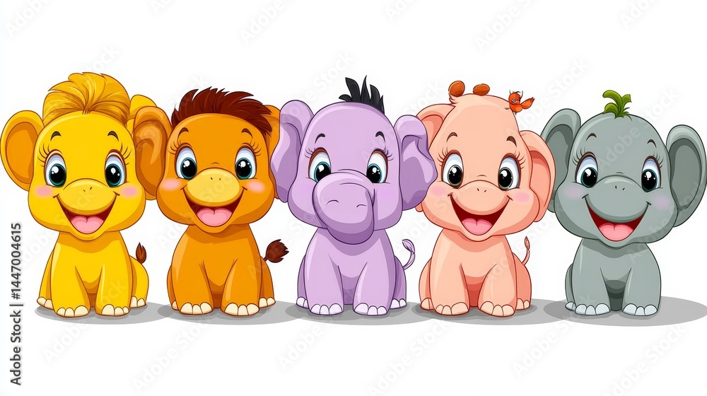 Naklejka premium Cheerful group of cartoon baby animals in a row graphic illustration with lions elephants and giraffe promoting happiness and joy for kids parties
