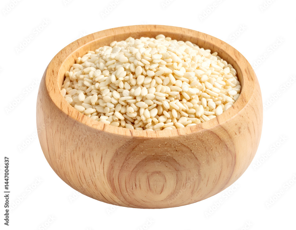 white sesame seeds in round wooden bowl on isolated background
white sesame seeds in round wooden bowl on isolated background