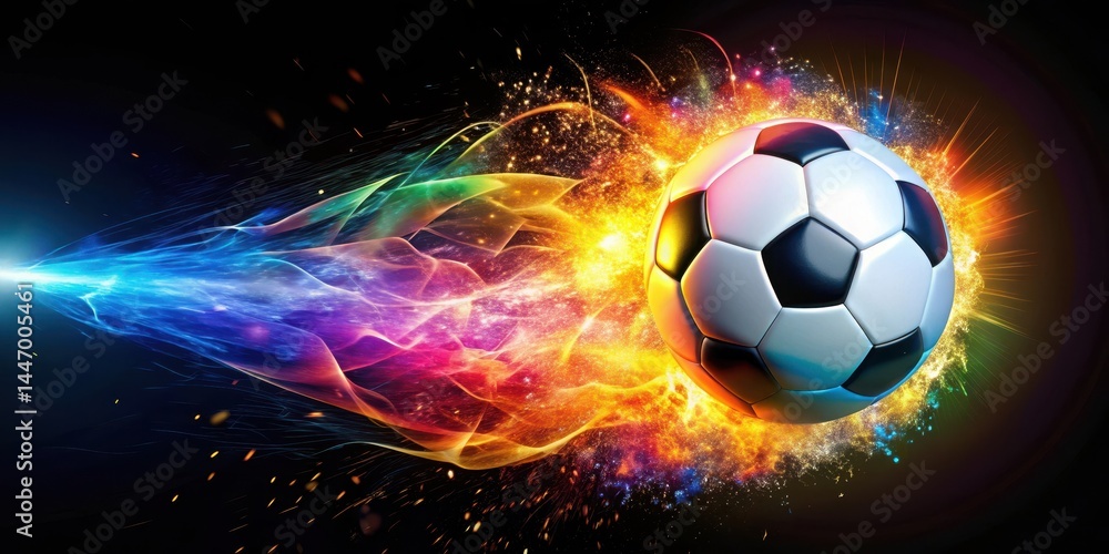 Obraz premium Brightly colored soccer ball explodes in mid-air with vibrant sparks flying outward