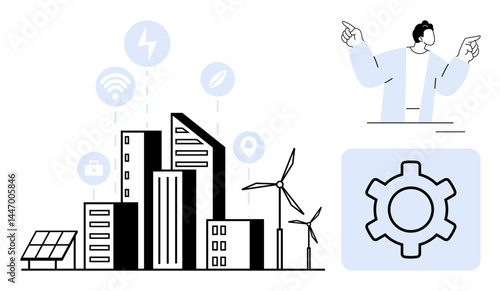 Smart city skyline with solar panels, wind turbines, energy icons, gear, and person discussing technology solutions. Ideal for sustainability, urban planning, renewable energy, innovation