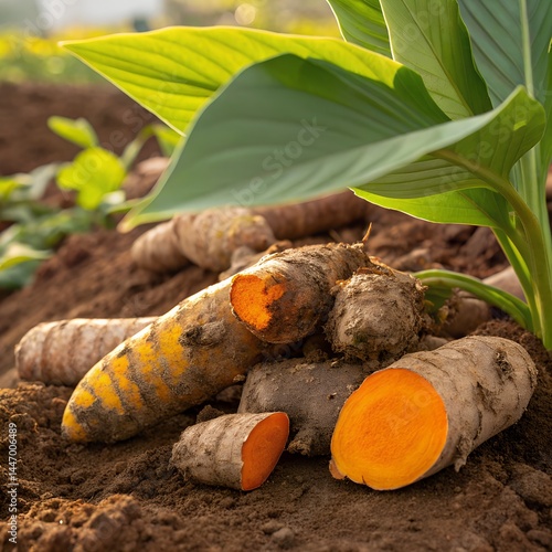 Close-up View of Fresh Turmeric Roots (Curcuma longa) with Bright Orange Flesh, Harvested Turmeric, Organic Root, Fresh Spices, Healthy Turmeric, Agricultural Farming, Natural Herbs, Root Vegetables